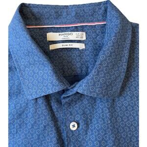 Mango Men's Linen Slim Fit Shirt Size XL Blue Floral Long Sleeve Button Down